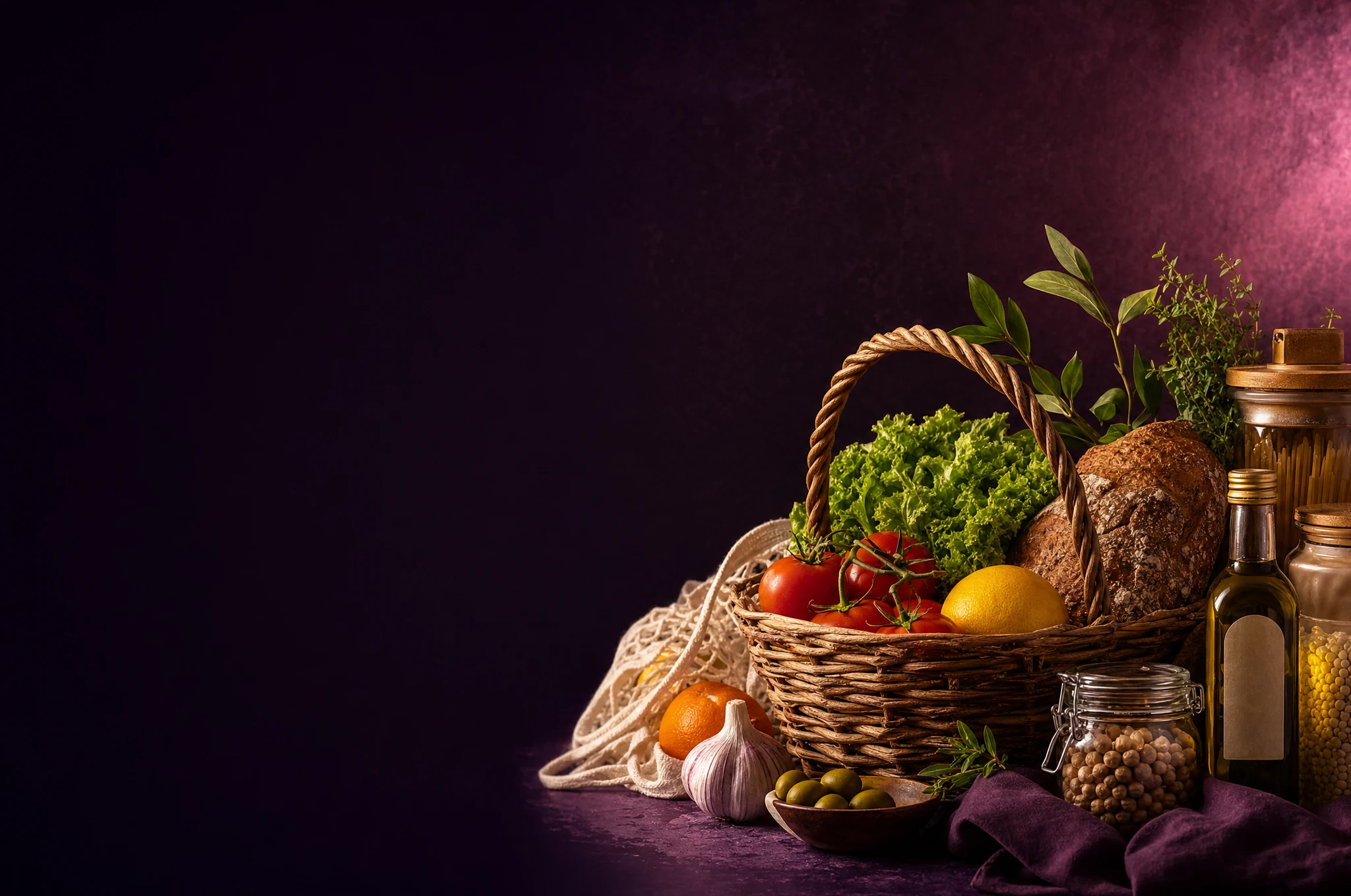 Cesta com alimentos e itens de mercado